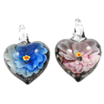 Pendentifs Murano fleur intérieure, chalumeau, coeur, couleurs mélangées, 32x30x17mm, Trou:Environ 8mm, 12PC/boîte, Vendu par boîte