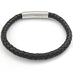 Rundsleder armbanden, Koeienhuid, roestvrij staal gesp, zwart, 6.5mm, 30.5x8mm, Per verkocht Ca 8.5 inch Strand