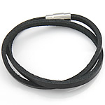 Rundsleder armbanden, Koeienhuid, roestvrij staal gesp, 2-strengs, zwart, 4mm, 17x7mm, Per verkocht 15.5 inch Strand