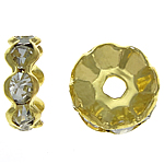 Rhinestone Afstandsstykker, Messing, Rondelle, guldfarve belagt, med rhinestone, nikkel, bly & cadmium fri, 10x10x4mm, Hole:Ca. 2.3mm, 500pc'er/Bag, Solgt af Bag