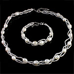 Naturliga Odlade Sötvatten Pearl Jewelry Sets, armband & halsband, Freshwater Pearl, med Glass Seed Beads, järn Karbinlås, Ris, vit, 7-8mm, Längd 17 inch,  7.5 inch, Säljs av Ställ