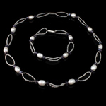 Natural Cultured Freshwater Pearl Jewelry Sets bracelet & necklace with Crystal & Glass Seed Beads iron screw clasp Rice white 7-8mm Length 17 Inch 7.5 Inch Sold By Set