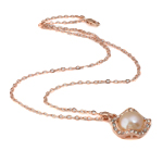 Freshwater Pearl Brass Necklace with Rhinestone & Brass Round natural pink 12-13mm Sold Per 17 Inch Strand