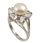 Pierścień z perłami słodkowodnymi, Perła naturalna słodkowodna, ze Kryształ górski & Mosiądz, Platerowane w kolorze platyny, biały, 9-10mm, otwór:około 18mm, rozmiar:7.5, sprzedane przez PC