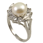 Zoetwater Parel Finger Ring, met Bergkristal & Messing, platinum plated, wit, 9-10mm, Gat:Ca 18mm, Maat:7.5, Verkocht door PC