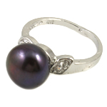 Freshwater Pearl Finger Ring with Rhinestone & Brass platinum color plated black 10-11mm Approx 18mm US Ring .5 Sold By PC