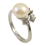 Freshwater Pearl Finger Ring with Rhinestone & Brass platinum color plated white 8-9mm Approx 18-19mm Sold By PC