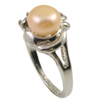 Freshwater Pearl Finger Ring with Rhinestone & Brass platinum color plated pink 8-9mm Approx 18-19mm Sold By PC