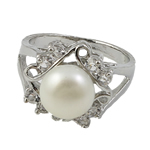 Zoetwater Parel Finger Ring, met Bergkristal & Messing, platinum plated, wit, 9-10mm, Gat:Ca 17-19mm, Verkocht door PC