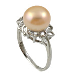 Freshwater Pearl Finger Ring with Rhinestone & Brass platinum color plated 8-9mm Approx 17mm US Ring .5 Sold By PC