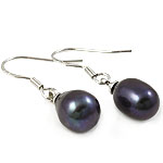 Gėlo vandens perlų auskarai, žalvarinis auskarai kablys, platinos spalva padengtas, tamsiai violetinė, 8-9mm, 28mm, Pardavė Pora