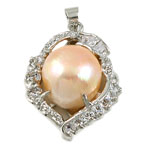 Freshwater Pearl Pendants with Rhinestone & Brass Round natural golden Approx Sold By PC