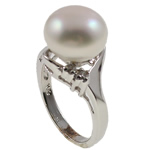 Sötvatten Pearl Finger Ring, Freshwater Pearl, med STRASS & 925 Sterling Silver, vit, 21x31x12.50mm, Hål:Ca 16-18mm, Storlek:5, Säljs av PC