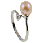 Slatkovodni Pearl Finger Ring, s Vještački dijamant & Mesing, prirodan, roze, 21x26x11.50mm, Unutarnji promjer:Približno 18mm, Veličina:8, Prodano By PC