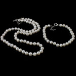 Комплекты украшений с жемчугом, браслет & ожерелье, Пресноводные жемчуги, латунь замочек, Круглая, натуральный, белый, 6mm, длина 17 дюймовый,  6.5 дюймовый, продается указан