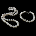 Gamtos Kultūringas gėlavandenių perlų Papuošalų komplektai, apyrankė & karoliai, Gėlo vandens perlų, žalvarinis durtuvas užsegimas, Turas, natūralus, baltas, 8mm, Ilgis 16.5 Inch,  6.5 Inch, Pardavė nustatyti