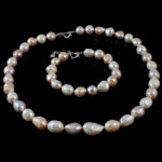 Natural Cultured Freshwater Pearl Jewelry Sets, bracelet & necklace, brass lobster clasp, Rice, 11-12mm, Length:16.5 Inch,  7 Inch, Sold By Set