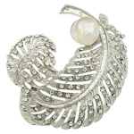 Rhinestone Brooch Freshwater Pearl with Zinc Alloy Feather platinum color plated with rhinestone Sold By PC