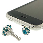Earphone Jack Dust Cap Plugs, Tibetan Style, platinum color plated, with rhinestone, Peacock Blue, nickel, lead & cadmium free, 19x11mm, 100PCs/Lot, Sold By Lot