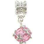 European Style Zinc Alloy Dangle Beads with Crystal silver color plated without troll & faceted pink nickel lead & cadmium free 25mm Approx 5mm Sold By PC