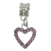 European Style Zinc Alloy Dangle Beads Heart platinum color plated without troll & with rhinestone purple nickel lead & cadmium free 26mm Approx 5mm Sold By Lot