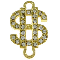 Tibetan Style Connector, Currency Mark, gold color plated, with rhinestone & 1/1 loop, nickel, lead & cadmium free, 18x28x3mm, Hole:Approx 2mm, 100PCs/Lot, Sold By Lot