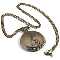 Fashion Watch Necklace Zinc Alloy Flat Round antique bronze color plated twist oval chain nickel lead & cadmium free 39mm Length Approx 31.5 Inch Sold By Lot