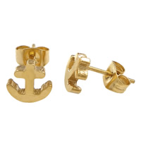 Stainless Steel Stud Earring, Anchor, gold color plated, nautical pattern, 8x8mm, 30Pairs/Lot, Sold By Lot