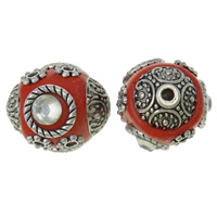 Indonesien Beads, med Zinc Alloy, antik sølv farve forgyldt, med rhinestone, rød, nikkel, bly & cadmium fri, 15x17x15mm, Hole:Ca. 2mm, 100pc'er/Bag, Solgt af Bag