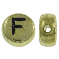 Alphabet Acryl Kralen, Rond plat, antiek goud plated, met brief patroon, 7x3.5mm, Gat:Ca 1mm, Ca 3600pC's/Bag, Verkocht door Bag