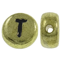 Alfabet Akrylpärlor, Akryl, Flat Round, antik guldfärg pläterade, med bokstaven mönster, 7x3.5mm, Hål:Ca 1mm, Ca 3600PC/Bag, Säljs av Bag