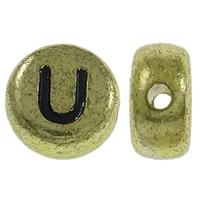 Alfabet Akrylpärlor, Akryl, Flat Round, antik guldfärg pläterade, med bokstaven mönster, 7x3.5mm, Hål:Ca 1mm, Ca 3600PC/Bag, Säljs av Bag