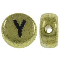 Grânulos acrílicos de alfabeto, acrilico, Roda plana, banho de cor de ouro antigo, com padrão de carta, 7x3.5mm, Buraco:Aprox 1mm, Aprox 3600PCs/Bag, vendido por Bag