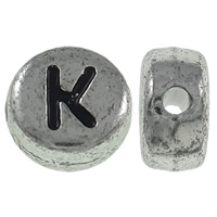 Alfabet Akrylpärlor, Akryl, Flat Round, antik silver pläterad, med bokstaven mönster, 7x3.5mm, Hål:Ca 1mm, Ca 3600PC/Bag, Säljs av Bag