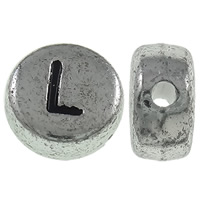 Alfabet Akrylpärlor, Akryl, Flat Round, antik silver pläterad, med bokstaven mönster, 7x3.5mm, Hål:Ca 1mm, Ca 3600PC/Bag, Säljs av Bag