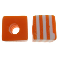 الخرز الراتنج مخطط, مكعب, شريط, البرتقالي المحمر, 10mm, حفرة:تقريبا 4mm, 1000أجهزة الكمبيوتر/حقيبة, تباع بواسطة حقيبة
