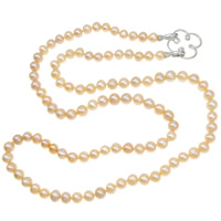 Natural Freshwater Pearl Necklace with Rhinestone brass clasp Round pink 8-9mm Sold Per 32 Inch Strand