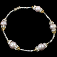 Sötvatten odlade Pearl Bracelet, Freshwater Pearl, med rhinestone mässing spacer & Kristall & Glass Seed Beads, mässing magnetlås, naturlig, 8-9mm, Såld Per Ca 7 inch Strand