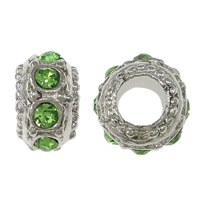 Zinc Alloy European Beads Rondelle platinum color plated without troll & with rhinestone green nickel lead & cadmium free Approx 5mm Sold By Lot