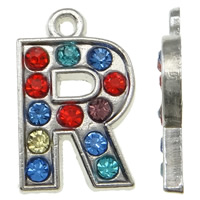 Zinc Alloy Alphabet and number Pendants Letter R platinum color plated with rhinestone mixed colors nickel lead & cadmium free Approx 1.5mm Sold By Bag