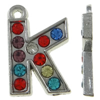 Zinc Alloy Alphabet and number Pendants Letter K platinum color plated with rhinestone mixed colors nickel lead & cadmium free Approx 1.5mm Sold By Bag