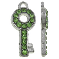 Zink Alloy Key Hängen, Nyckel, platina pläterad, med strass, grön, nickel, bly och kadmium gratis, 8x18.50x2mm, Hål:Ca 1.5mm, 100PC/Bag, Säljs av Bag