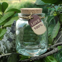 Glass Wish Bottle with wood stopper & Linen Column with paper tag & transparent Sold By Lot