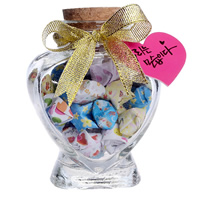 Glass Wish Bottle with wood stopper & Sparkle Ribbon Heart with paper tag & with lucky stars inside & transparent Sold By Lot