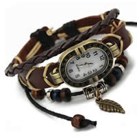 Women Watch Bracelet Cowhide with zinc alloy dial & Wax Cord & Wood antique bronze color plated  nickel lead & cadmium free 20-40mm Length Approx 7.5 Inch Sold By Bag