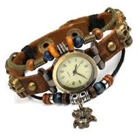 Women Watch Bracelet Cowhide with zinc alloy dial & Wax Cord & Wood antique bronze color plated  multi-colored nickel lead & cadmium free 20-40mm Length Approx 7.5 Inch Sold By Bag