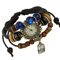 Women Watch Bracelet Cowhide with zinc alloy dial & Wax Cord & Hematite & Blue Agate & Wood plated  multi-colored nickel lead & cadmium free 20-30mm Length Approx 7.5 Inch Sold By Bag