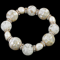 Hars Shell Armband, met strass messing spacer & parel, Ronde, gerolde armband, wit, 16mm, Per verkocht Ca 7.5 inch Strand