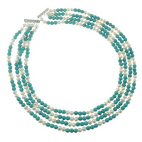 Natural Freshwater Pearl Necklace with turquoise brass slide clasp Round multi-strand 5-6mm Sold Per Approx 18 Inch Strand