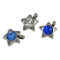 Stainless Steel Pendants, Star, with rhinestone, more colors for choice, 7.50x9x4mm, Hole:Approx 2mm, 200PCs/Lot, Sold By Lot